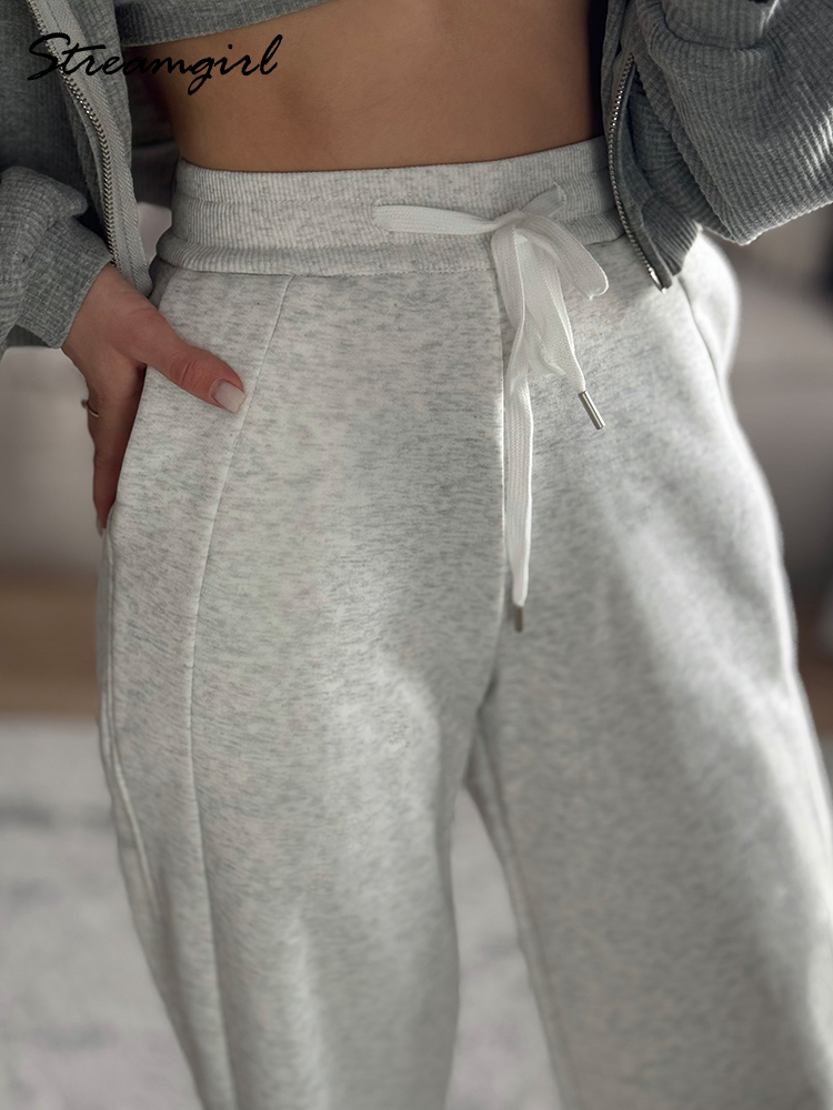 Pantalon de jogging gris pour femme, taille haute, coupe droite, jambe large, noir, automne, long, sport