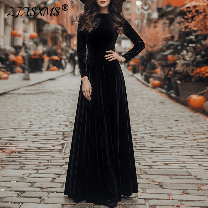 Robe longue élégante en velours coupe A-line pour femmes, col rond, manches longues, taille haute, longueur au sol, fluide, robe de soirée unie pour l'automne.