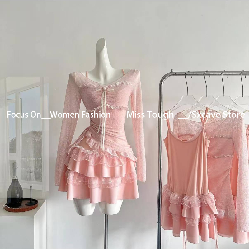 Ensemble 2 pièces pour femmes, Mini jupe, manches longues, Coquette, hauts fins, Y2k, Kpop Girl, tenues esthétiques des années 2000, costumes Vintage
