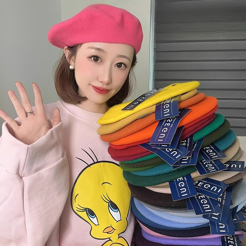 Bérets en laine rétro élégants pour femmes, Style artiste français, bonnet chaud d'hiver, béret uni, couleur unie, casquettes d'automne assorties