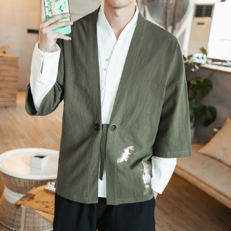 Kimono Haori Brodé de Grue de Style Chinois pour Homme, Costume de Samouraï, Harajuku, Japonais, Vêtements Asiatiques, Cardigan, Veste