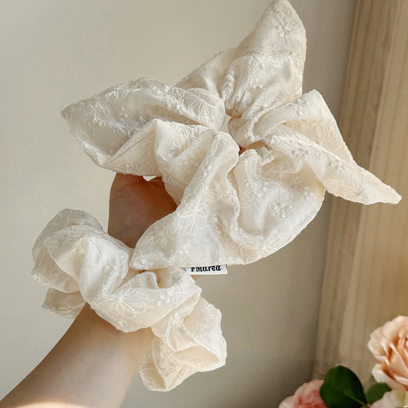 Écharpe carrée imprimée style coréen blanc cassé, chouchou, élastique à cheveux, corde à cheveux, accessoire pour chignon pour femme.