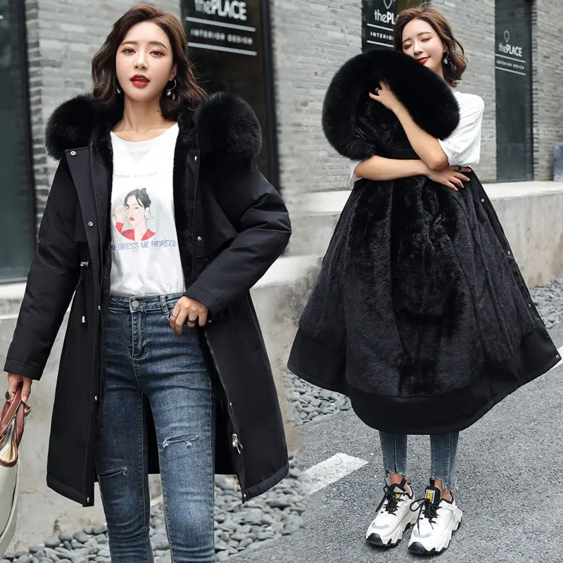 Veste d'hiver 2026, nouvelle parka pour femme, manteau long, doublure en laine, veste à capuche, col en fourrure, épaisse, chaude, vêtements de neige, parka rembourrée 6XL