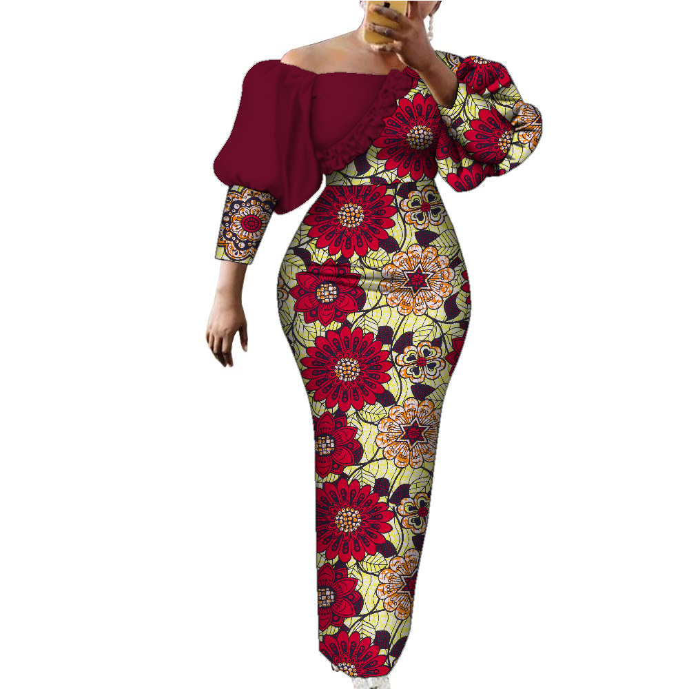 Robe de soirée en coton imprimé africain pour femmes, manches bouffantes, vêtements africains pour femmes, batterie élégante, longue robe de soirée, WY2122