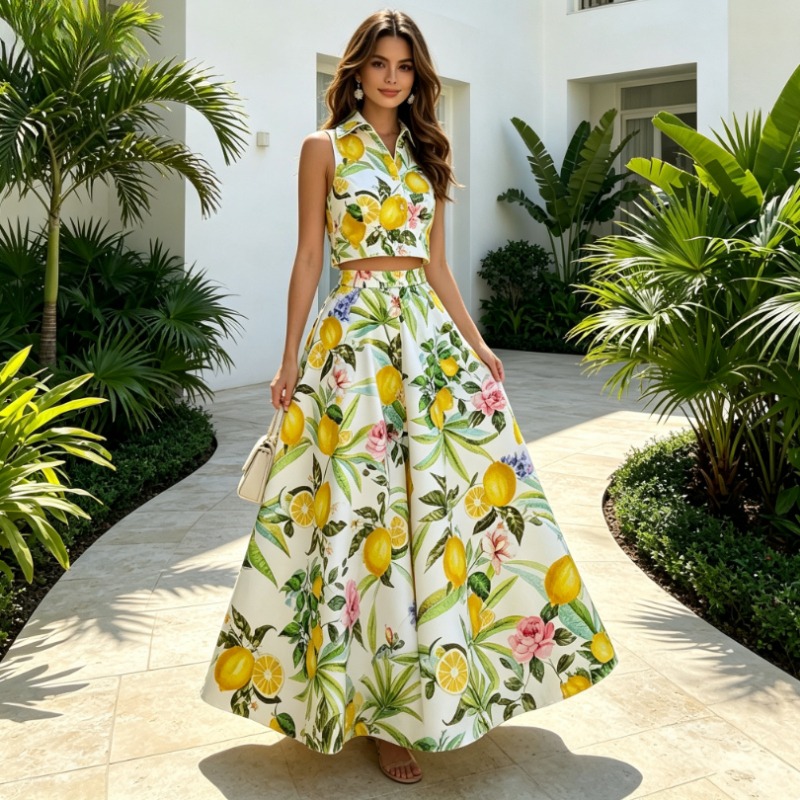 Ensemble deux pièces bohème chic pour femme : haut sans manches à col revers et jupe longue imprimée, idéal pour les fêtes et les vacances d'été