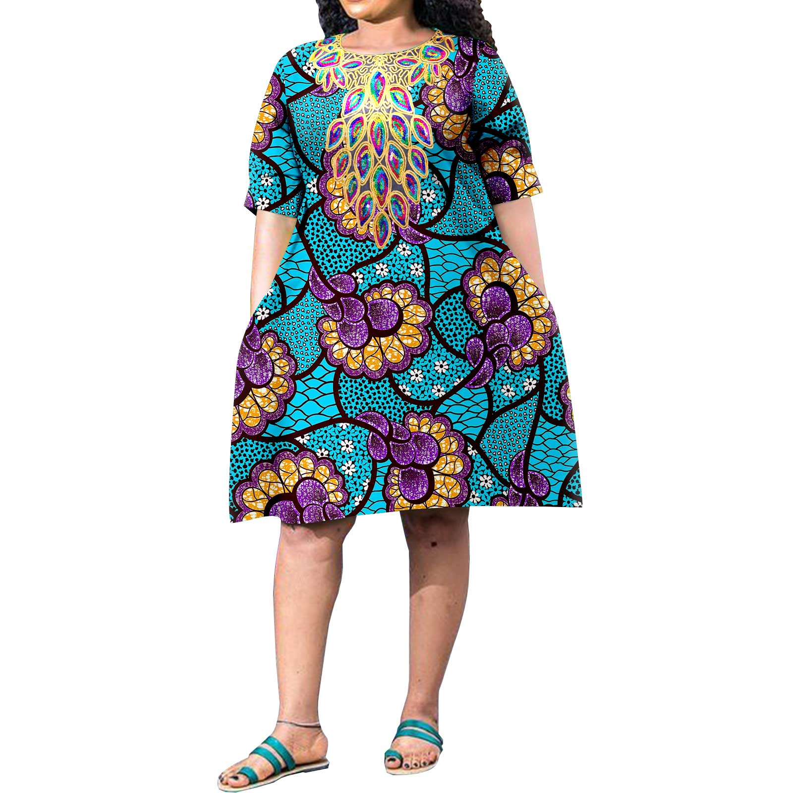 Robe africaine grande taille pour femmes, estampage coloré avec accessoires, décontractée, manches courtes, tissu imprimé de voyage, robe au genou A2225153