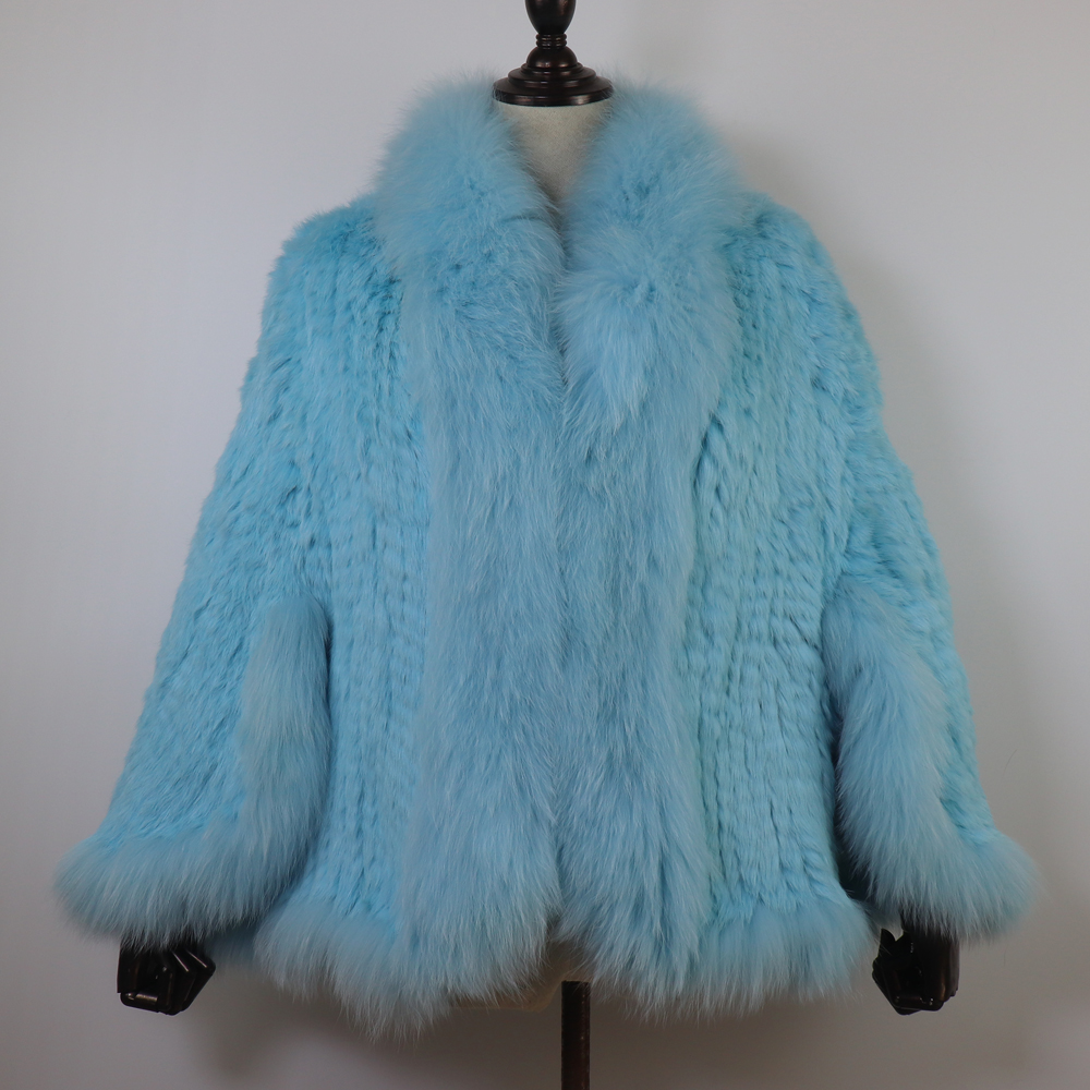 Femmes chaudes tricoté 100% réel fourrure de lapin châle hiver chaud véritable fourrure de lapin Pashmina manteau avec col de fourrure de renard pour la mode féminine