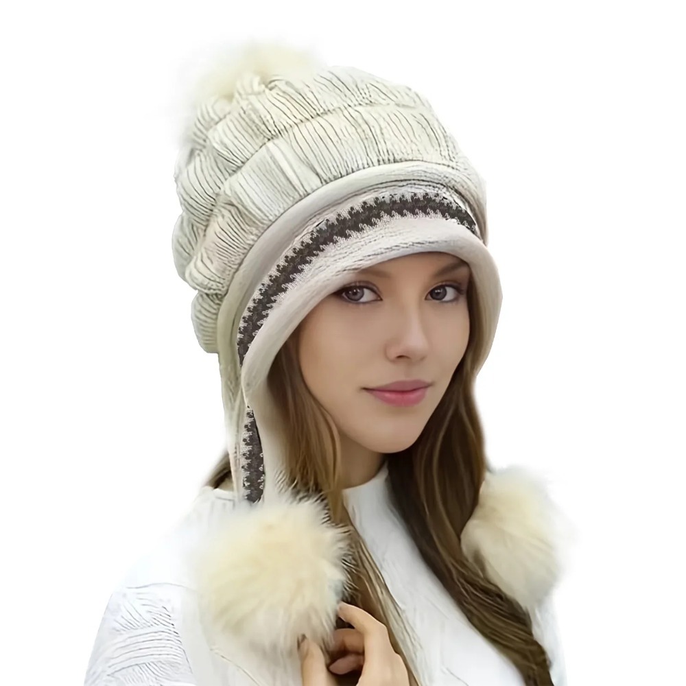 Chapeau d'hiver doux et chaud en fourrure, doublé en polaire, avec rabats d'oreilles pour femmes, bonnet en tricot décontracté, bonnet épais et thermique pour temps froid