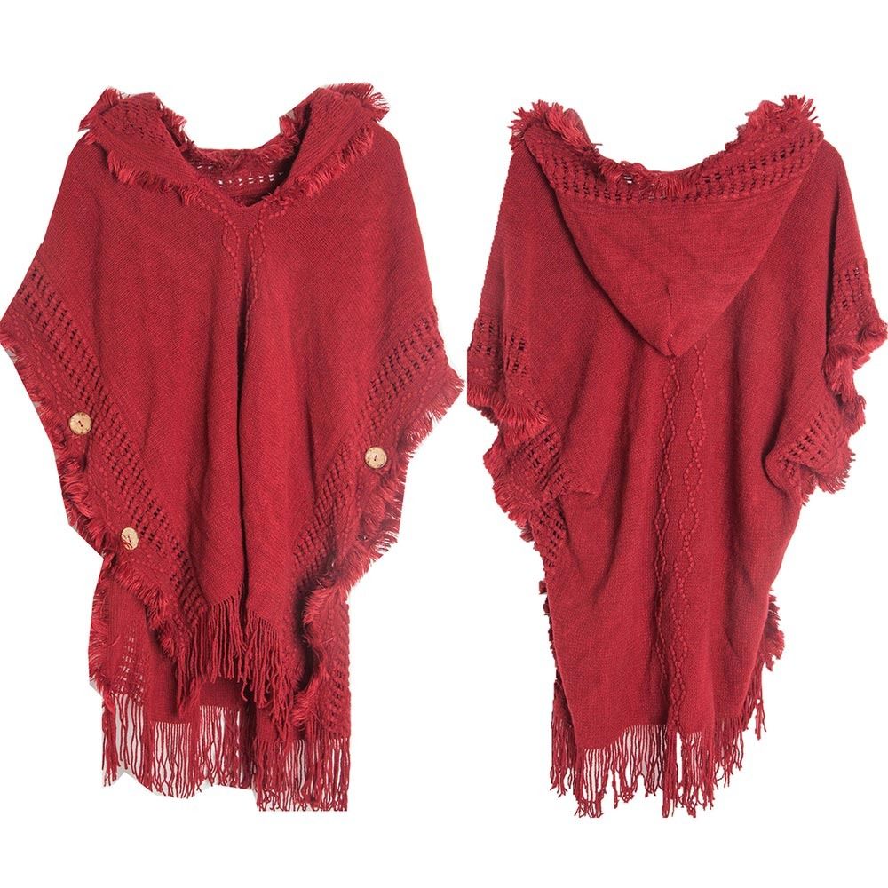 Châle tricoté à capuche bohème élégant et luxueux, chaud pour l'hiver, avec boutons, écharpe-couverture, manteau, cape à franges pour femme