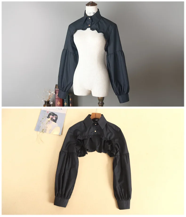 T-shirt manches longues bouffantes pour femmes, haut court, chemisier, bouton à volants, col étalé détachable, pull, accessoires décoratifs