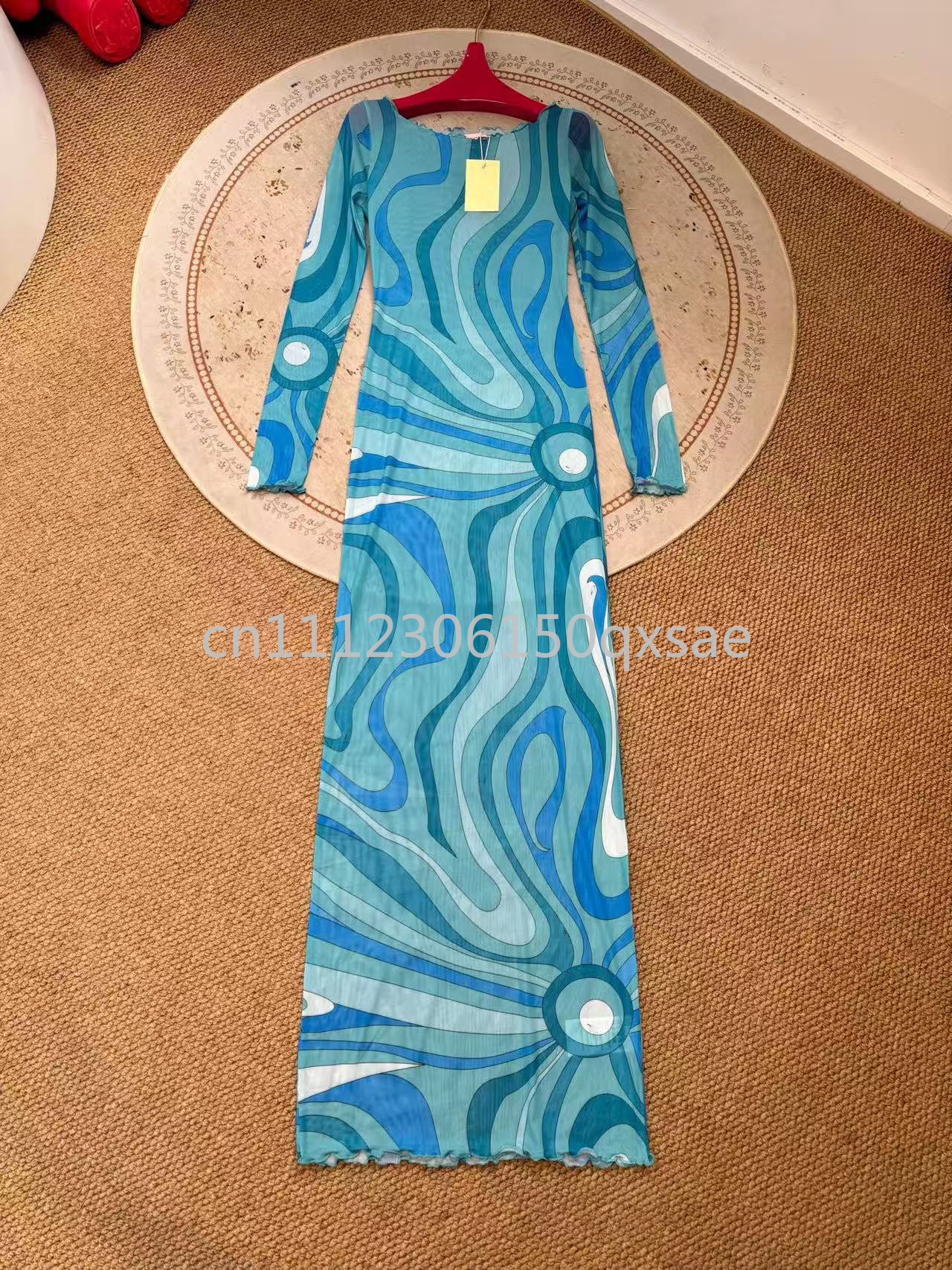 Robes en maille bleues pour femmes, design tendance, avec logo signature du créateur, jupes de marque de luxe, vêtements de plage sexy en maille pour femmes
