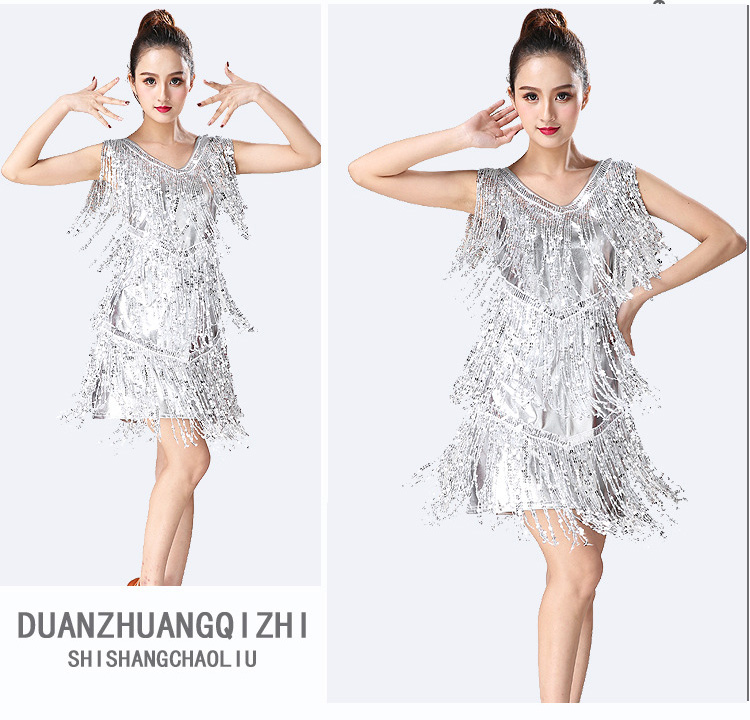 Robe de danse latine pour femmes, col en V, sans manches, paillettes scintillantes, franges, salle de bal, Samba, Tango, scène, Costume Rave