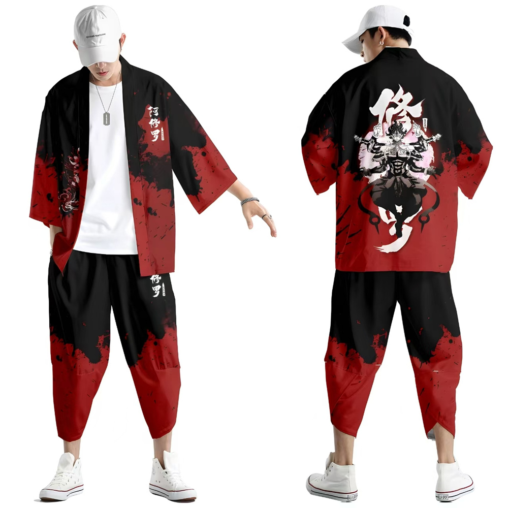Robe Harajuku, vêtements asiatiques tendance, kimono imprimé dragon anime + pantalon, streetwear japonais pour hommes et femmes, cardigan cosplay Haori