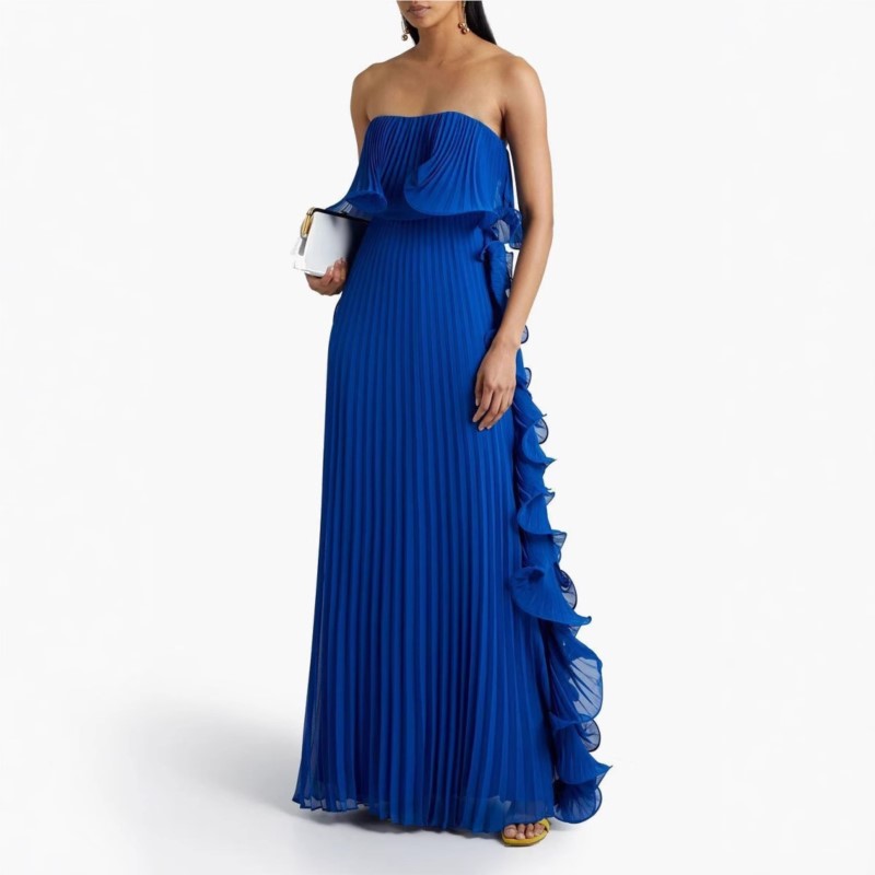 Robe de vacances d'été pour femmes, longue robe formelle en mousseline de soie plissée Orange, sur mesure, à volants, sans bretelles, robe de soirée sur la plage