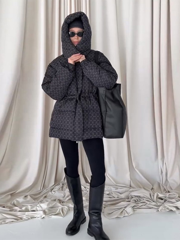 Manteau en coton épais imprimé pour femme, décontracté, fermeture éclair à capuche, fermeture à la taille, vestes chaudes, Chic, Streetwear, hiver 2025
