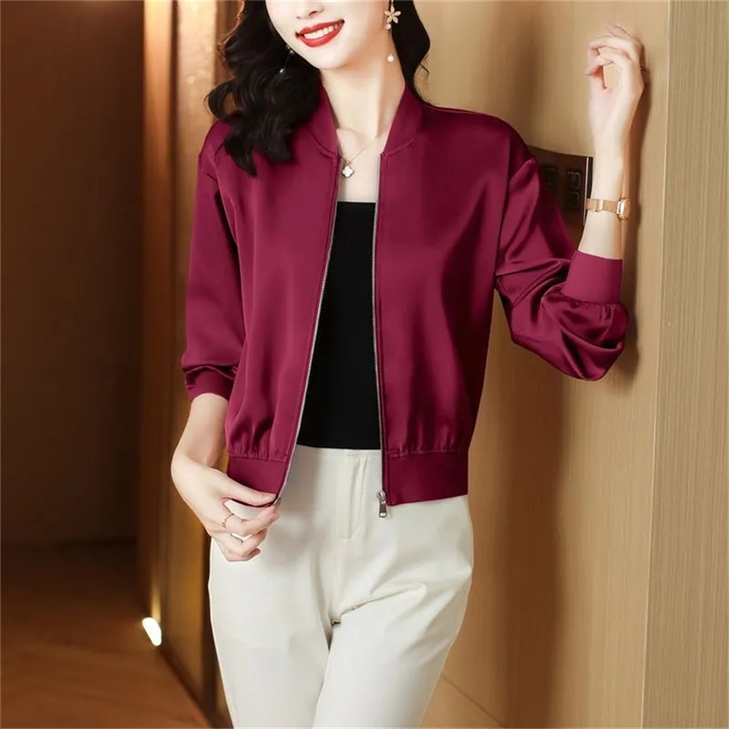 Manteau court en soie pour femmes, col de Baseball lisse, veste courte printemps/été, chemise de protection solaire, haut à manches longues avec fermeture éclair, à la mode, 2025