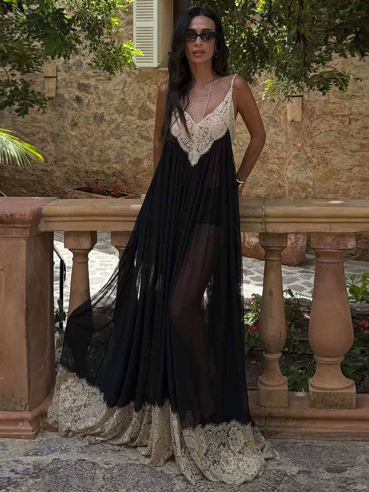 Nibber Dos Nu Robe Femmes Sexy Jacquard Patchwork Mode Voir À Travers Col Bas Sans Manches Tendance Fête De Vacances Longue Bodyocn