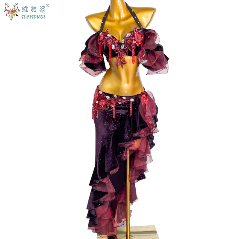 Costume de spectacle de danse du ventre pour femmes, soutien-gorge personnalisé + jupe longue fendue, 2 pièces, vêtements de danse orientale, tenue de danse du ventre