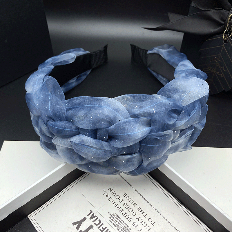 Serre-tête large en maille bleue tressée pour femme, style haut de gamme, accessoire de coiffure tendance pour adulte, bandeau de compression