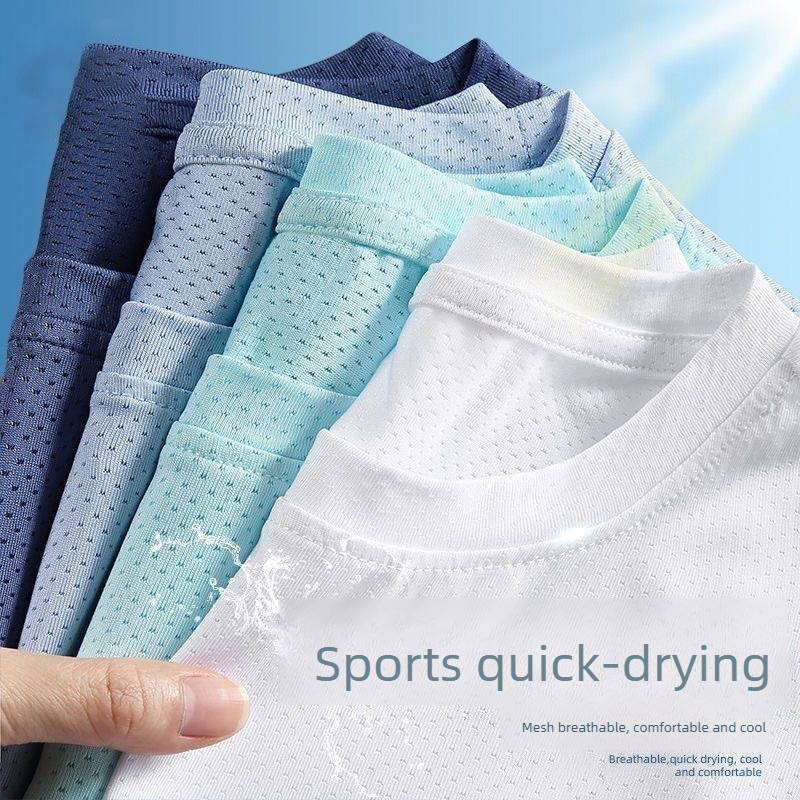 T-shirt d'été en soie glacée pour homme, manches courtes, col rond, respirant, fin, pour le sport, la course, séchage rapide, doux, élastique, pour l'extérieur