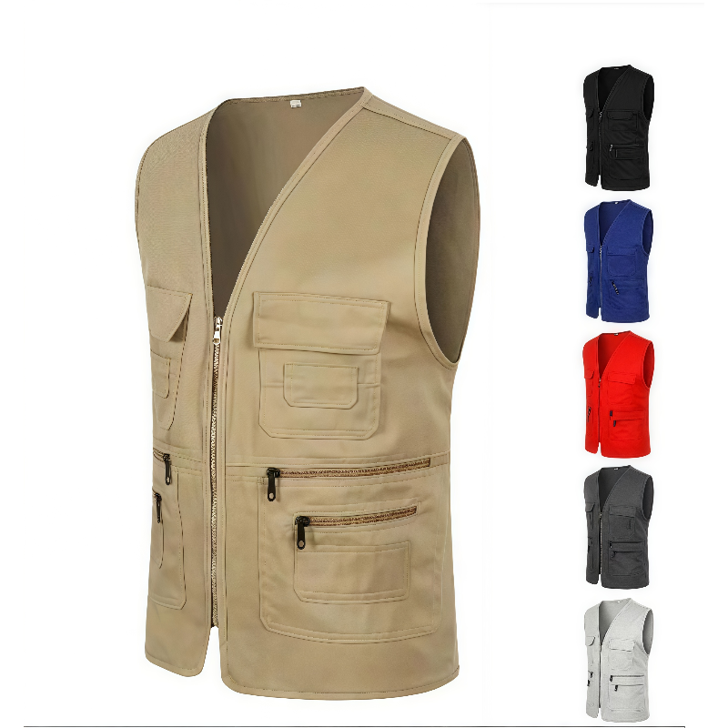 Vêtements de travail gilet multi-poches couleur unie décontracté sans manches fermeture éclair vêtements de travail col en V gilet de volontaire pour la pêche
