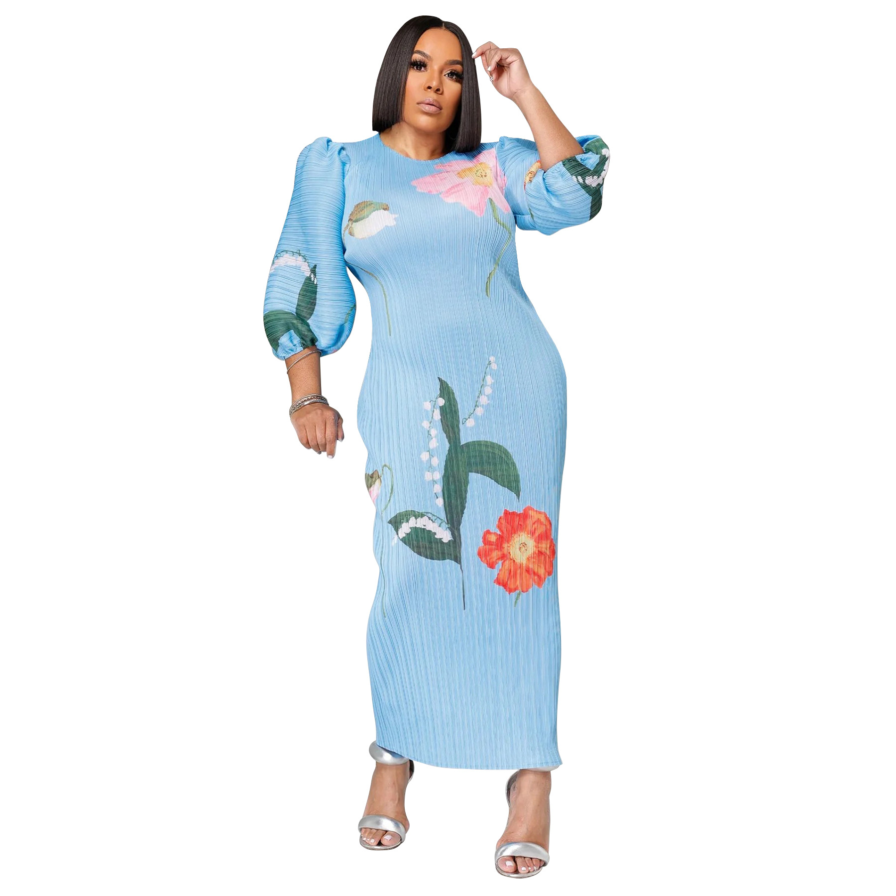 Robe longue pour femmes, imprimé Floral, col rond, manches lanternes, épissure élégante, Y2k, Streetwear, plissée, travail, été 2025