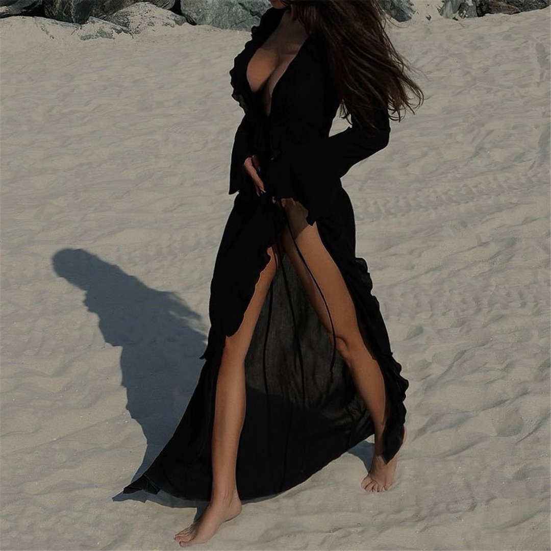 Nouveau Sexy col en V à volants à manches longues en mousseline de soie tunique plage couvrir couvertures femmes robe de plage vêtements de plage femme vêtements de plage