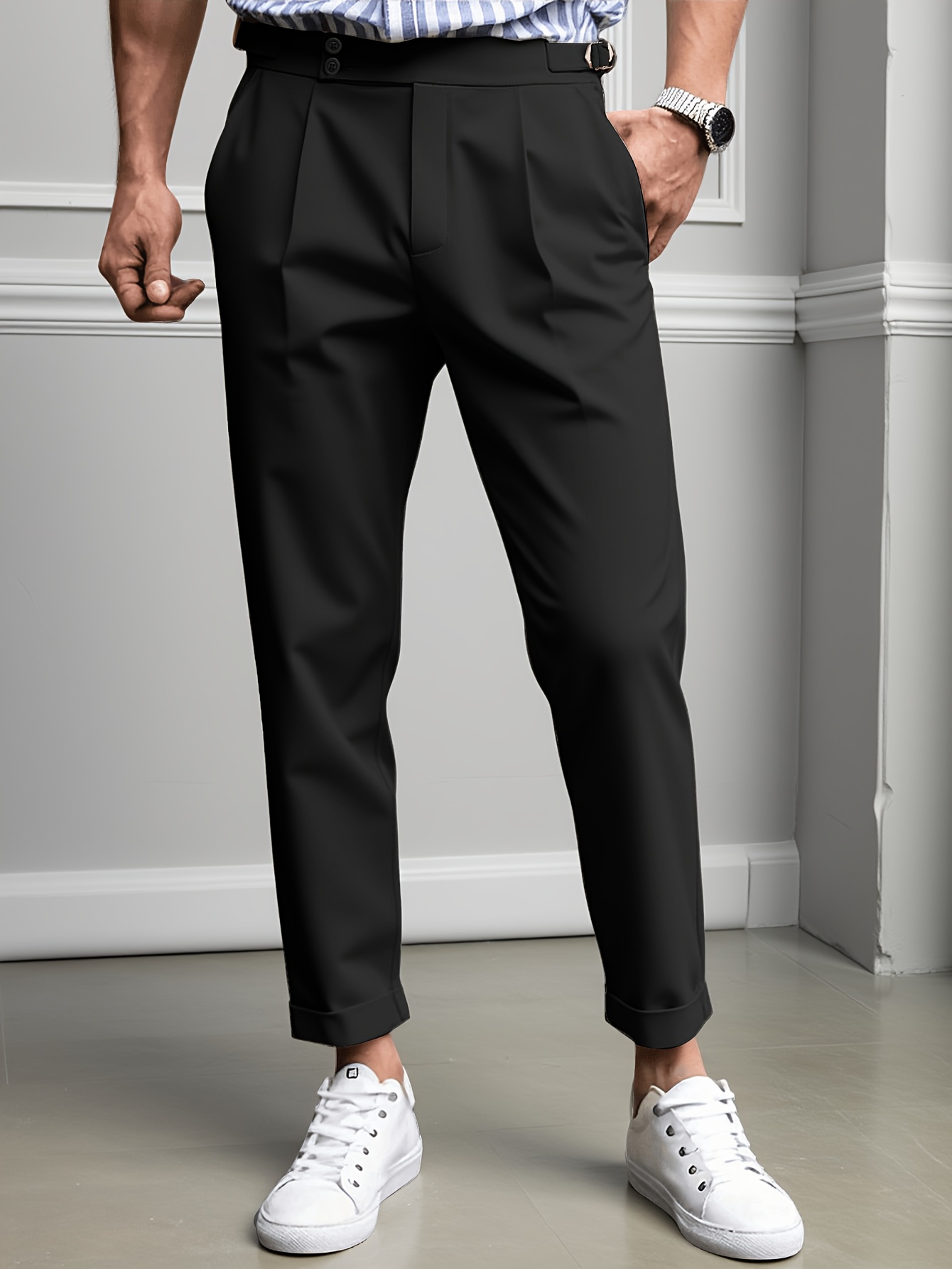 Pantalon de costume plissé à taille haute et revers pour homme, coupe courte, en polyester, viscose et élasthanne, style décontracté chic, noir et beige