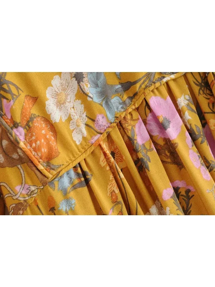 Robe bohème vintage chic pour femmes, imprimé floral, manches évasées, robes maxi pour dames, volants, robe en coton Boho, robe éducative, mode