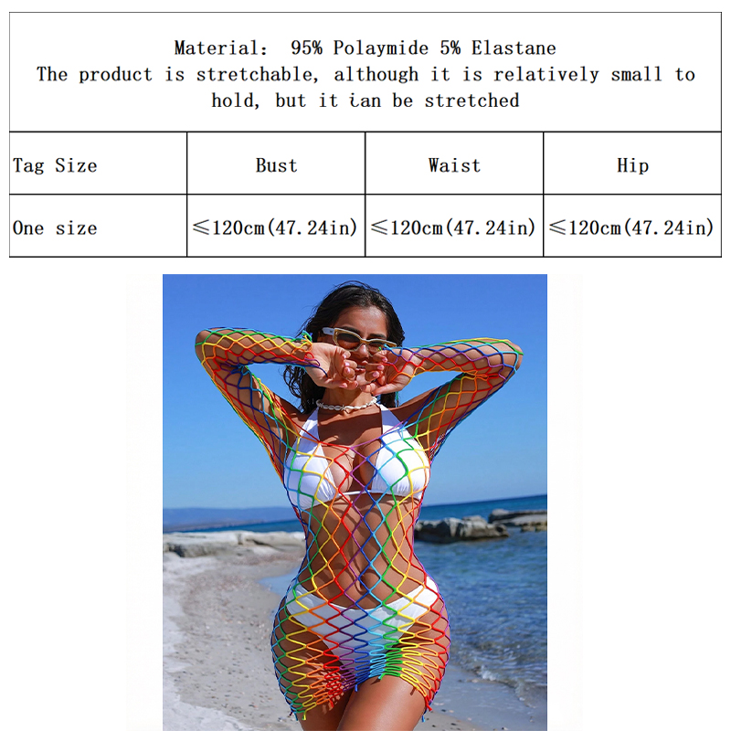 1 pièce Robe de plage sexy en résille arc-en-ciel pour femme, à manches longues, irisée, ajourée, moulante, transparente, pour l'été