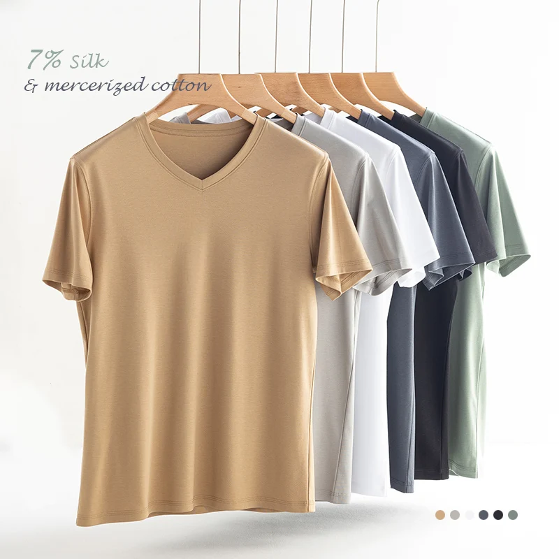 T-shirt col ras du cou en coton mercerisé pour hommes, tissu haut de gamme, manches courtes, sensation soyeuse, vêtements d'été, vacances, col en v