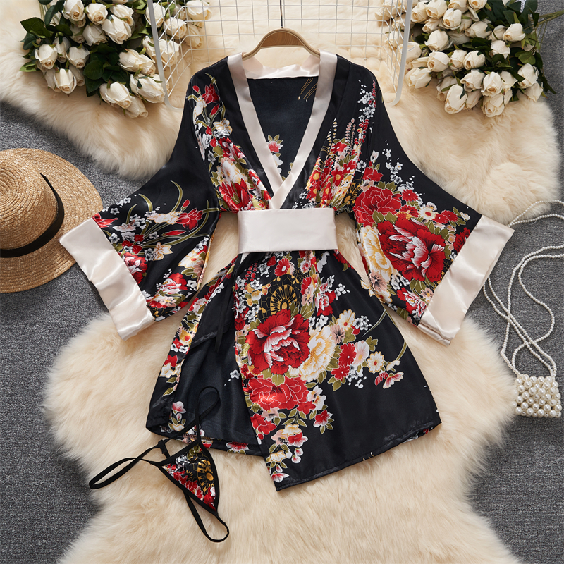 Kimono japonais col en v imprimé fleur nœud taille façonnant Cardigan robe femmes vêtements ample à manches longues Vintage tendance à lacets