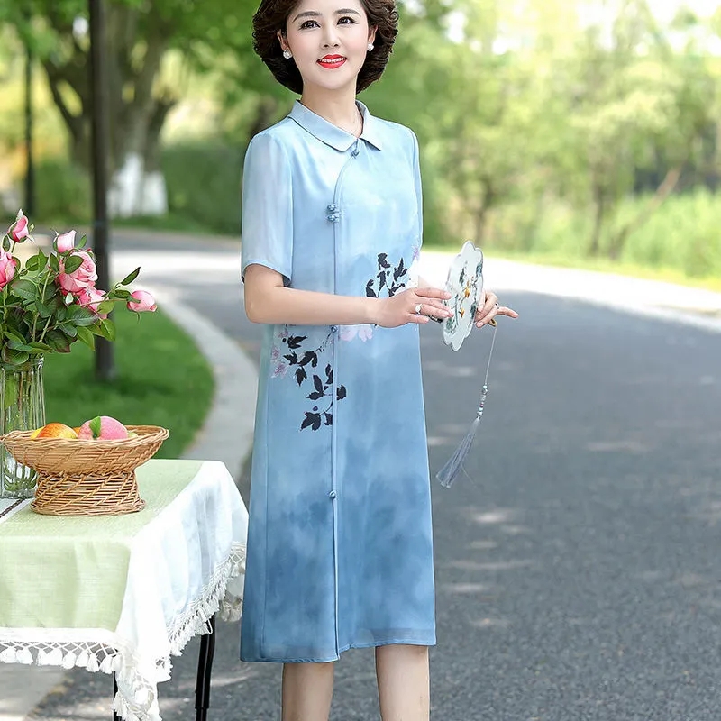 Robe longue en mousseline de soie pour mère, robes Cheongsam, robe éducative, grande taille, 4XL, femme d'âge moyen, noble, mode, nouveau, été, 5XL