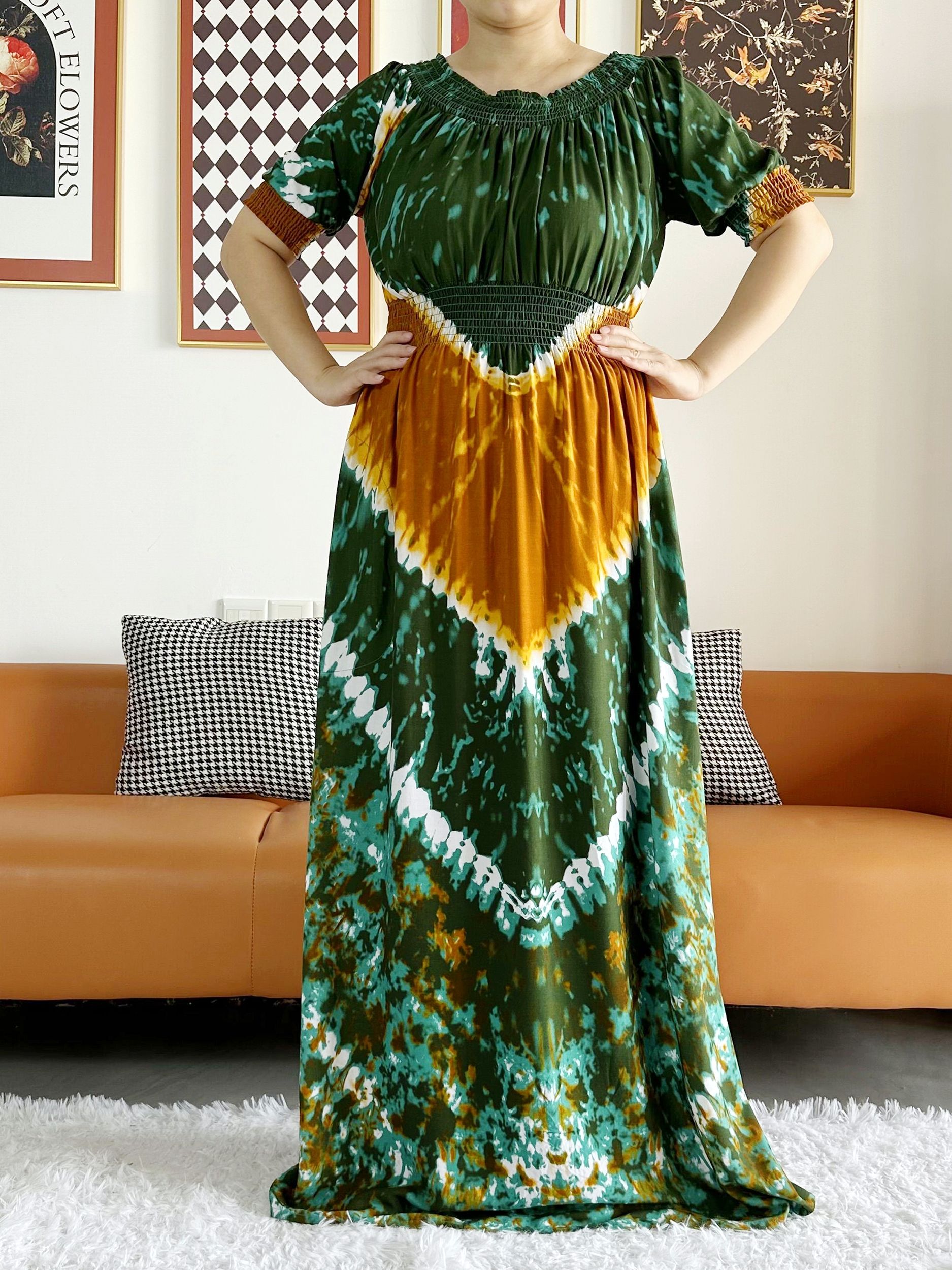 Abaya d'été 2026 pour femme à manches courtes, imprimé positionné, taille cintrée, coupe ample, motif floral, Boubou Maxi, vêtements islamiques africains pour femme