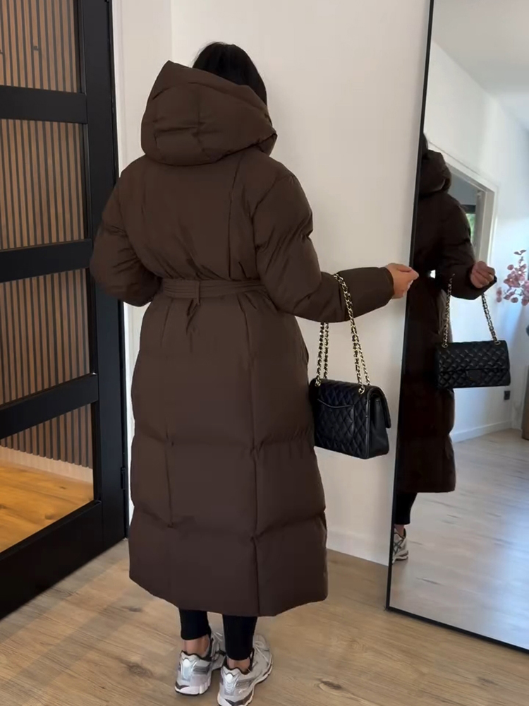 Veste Maxi en coton brillant pour femme, Chic, avec capuche, mode, manches longues, ceinture à la taille, manteau surdimensionné, vêtements d'extérieur chauds d'hiver 2025