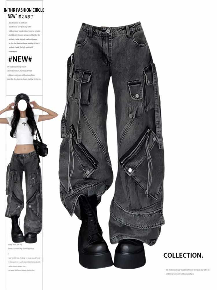 Jean noir pour femmes, pantalon Cargo, Streetwear, taille haute, jambes larges américaines, mode Style Y2K, pantalon droit d'hiver
