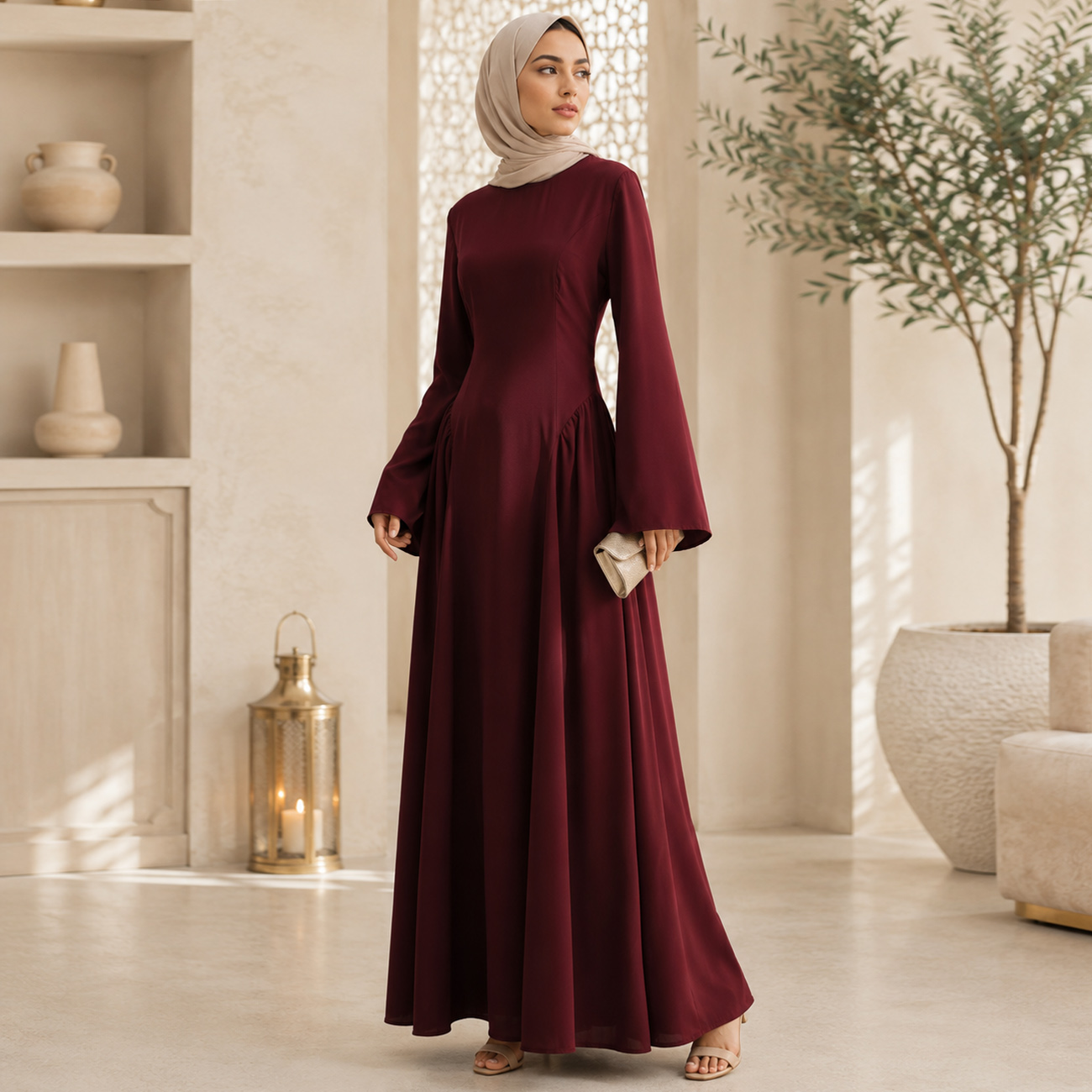 Robe Abaya Musulmane Modeste d'Été à Lacets au Dos et Fronces Latérales, Coupe Ajustée, Manches Longues Évasées, Robe Hijabi Élégante, Vêtement Islamique
