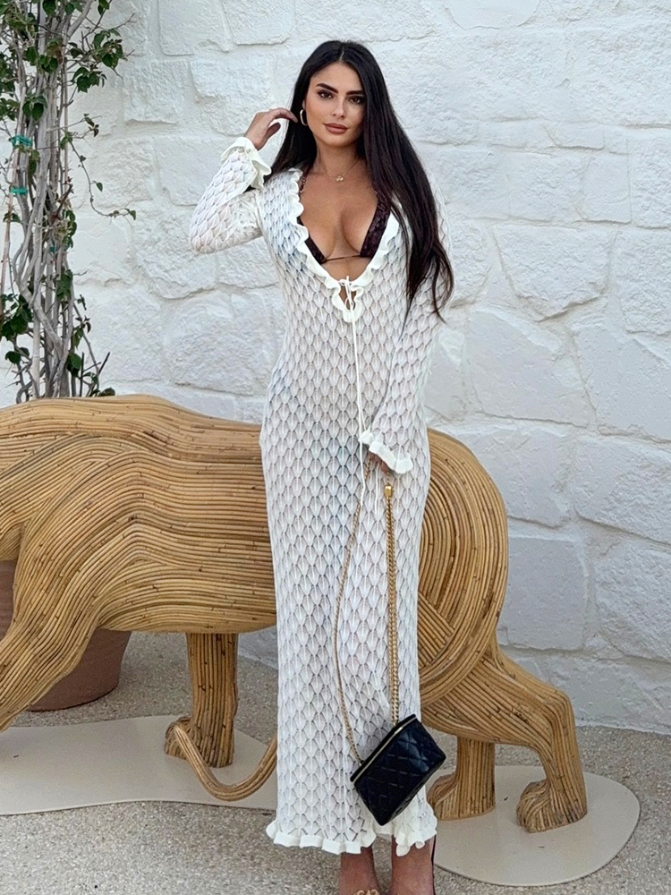 Robe longue de plage chic en maille pour femme, collection été 2026, sexy, à volants, col en V profond, découpes, manches longues, pour les vacances K221