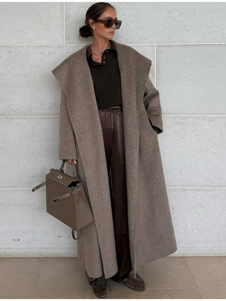Manteau en laine à col Cape pour femme, élégant, mode, manches longues, ceinture, taille longue, automne hiver, vêtements d'extérieur chics, 2025