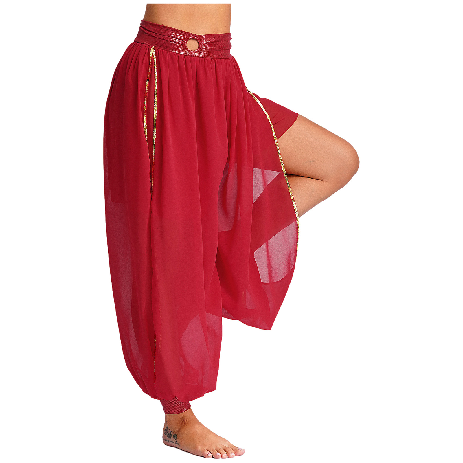 Pantalon bouffant en mousseline de soie pour femme, pantalon fendu sur le côté, anneau rond, ceinture froncée, danse du ventre indienne, soirée à thème Halloween, costume de carnaval
