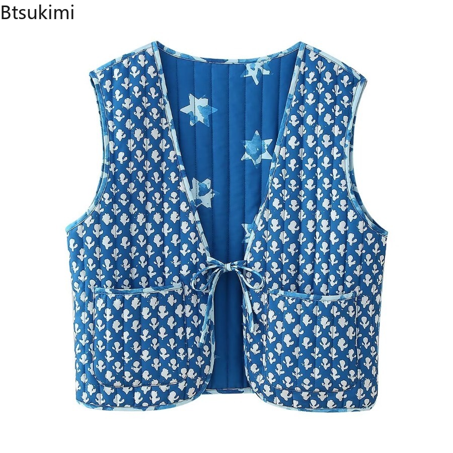 Gilets Double face à imprimé Floral pour femmes, sans manches, à nouer sur le devant, matelassés, vêtements d'extérieur d'automne, Vintage, élégants, décontractés
