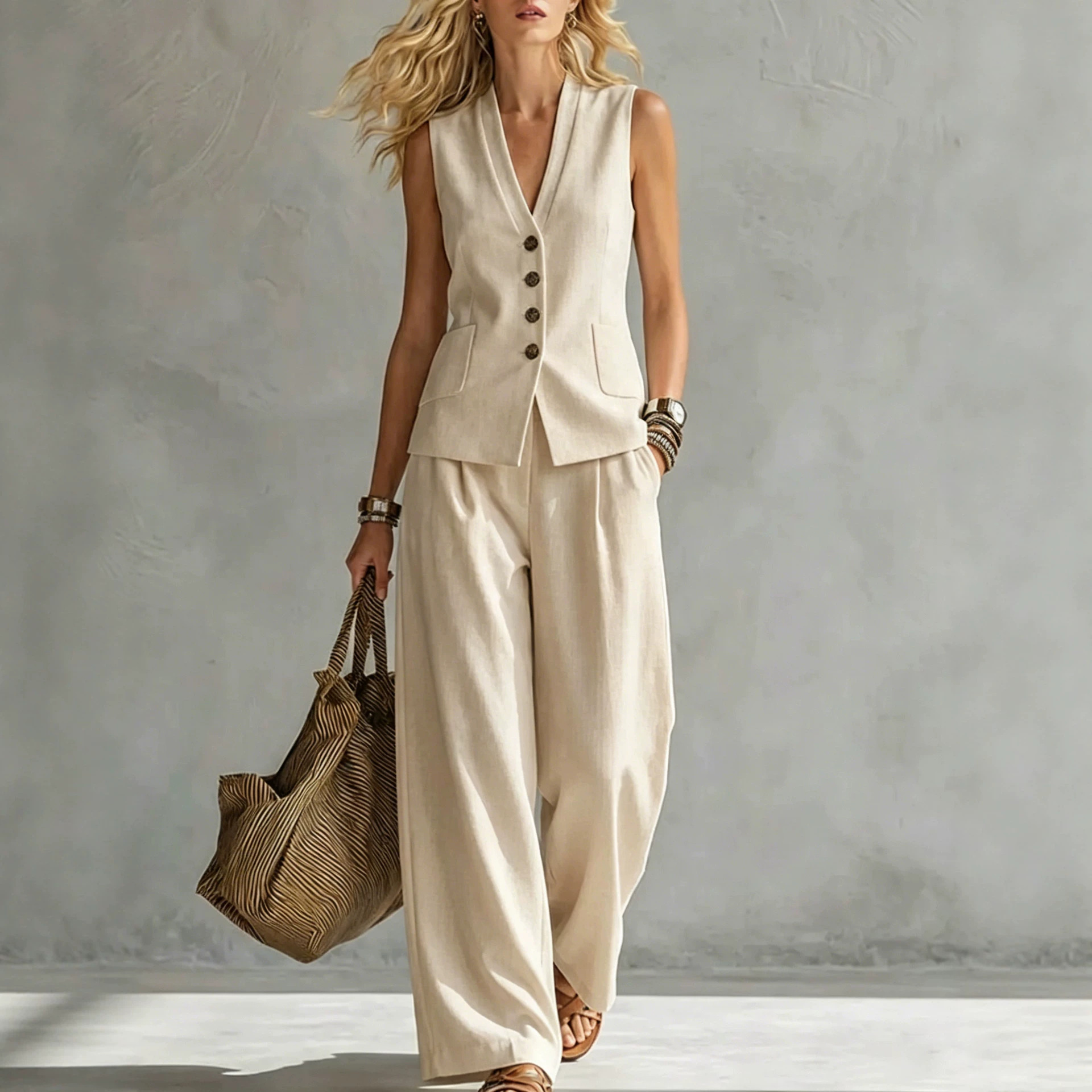 Ensemble pantalon femme deux pièces, débardeur col en V sans manches, pantalon long large taille haute, style Y2K streetwear élégant et décontracté 2026