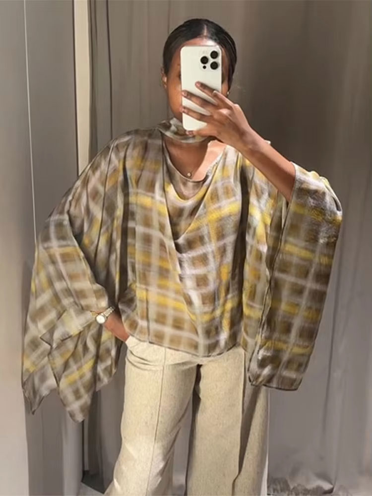 Ensembles de jupes mi-longues à carreaux printemps 2026 pour femmes, élégant haut à col écharpe à épaules dénudées, cape, hauts décontractés, jupe mi-longue, streetwear
