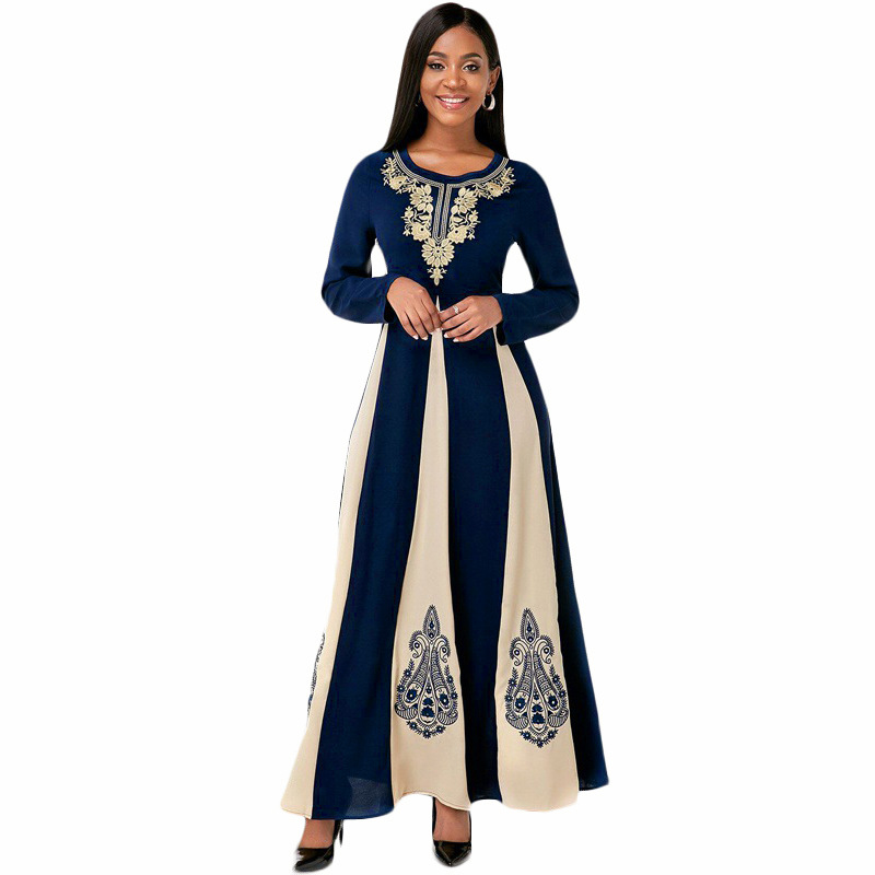 Robe musulmane élégante pour femme, col rond, manches longues, islamique, arabe, Abaya, patchwork, imprimé, Turquie, Eid Mubarak, automne, 2021