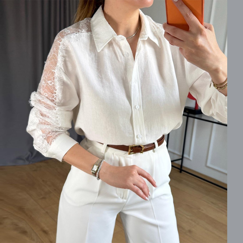 Chemisiers pour femmes, chemises à col à revers transparentes, manches longues bouffantes, motif floral 3D, simple boutonnage, coupe oversize ample, élégants, pour le quotidien et le streetwear