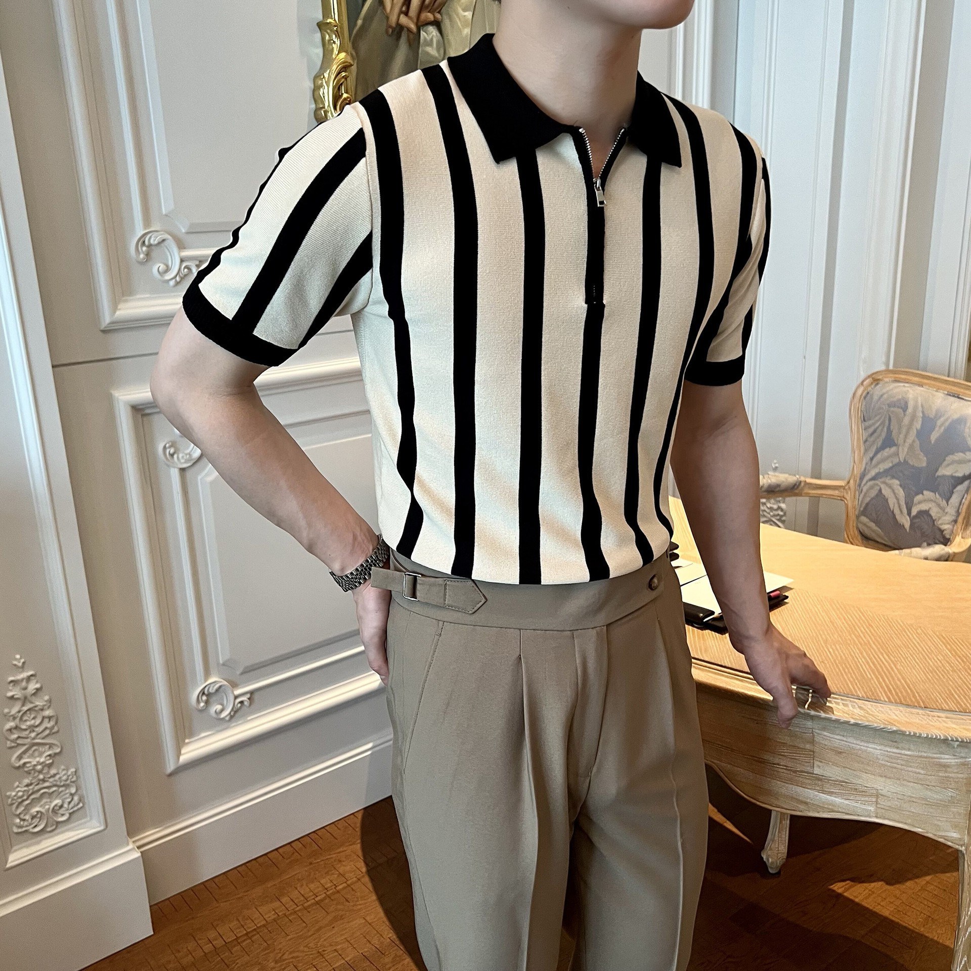 Polo rayé à manches courtes pour hommes, vêtements de loisirs, t-shirts rétro, tricots respirants, mode coréenne, luxe abordable, fermeture éclair