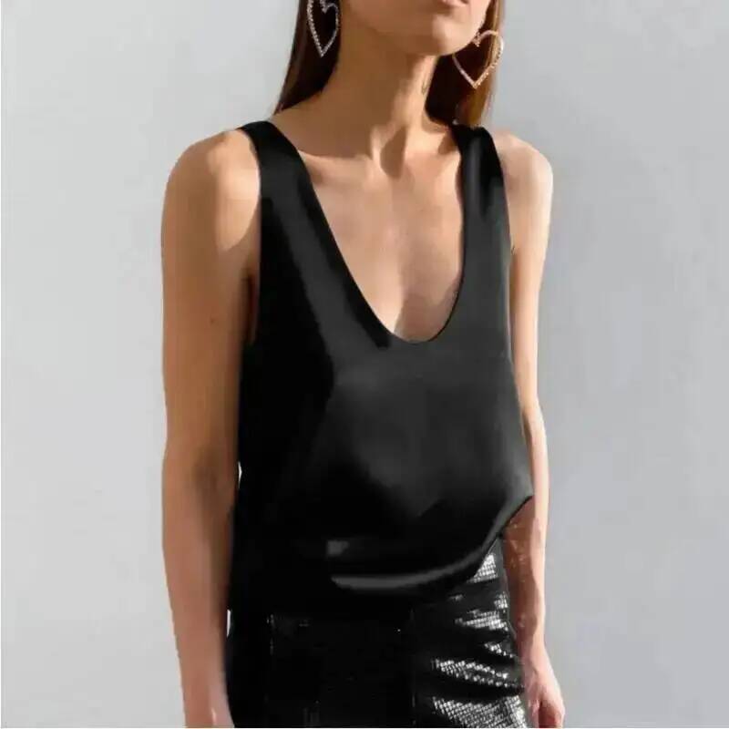 Débardeur en satin à col en U sans manches pour femme, style urbain polyvalent noir et blanc, avec doublure intérieure polyvalente