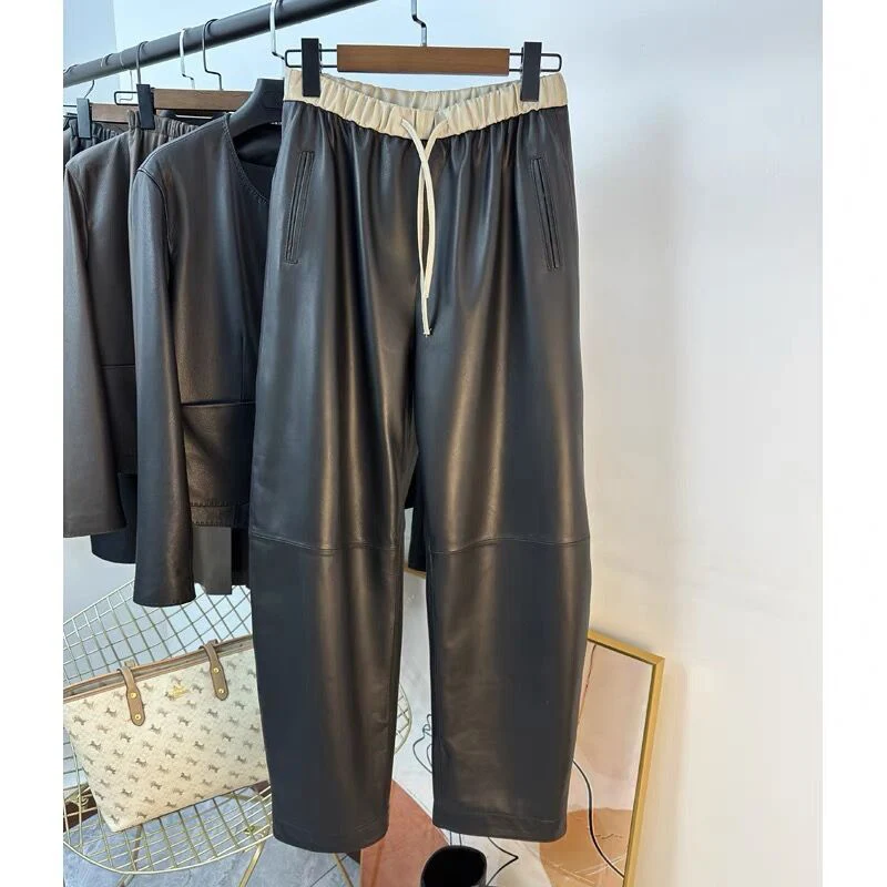 Pantalon classique en cuir véritable pour femme, droit, trempé de pipeline, plus grand, jambes longues, streetwear décontracté, taille élastique