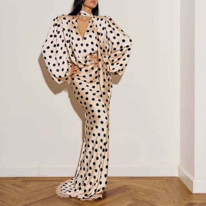 Robe longue élégante à col en V et manches longues pour femme, style vintage à pois, taille haute, moulante, en polyester, collection printemps