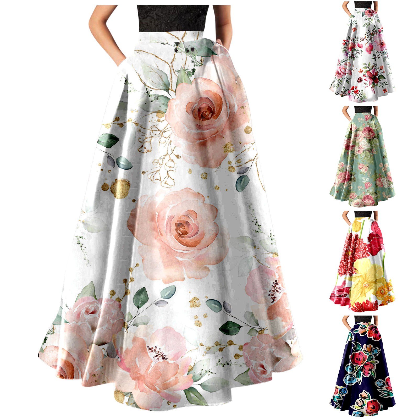 Jupes bohème élégantes coréennes pour femmes, imprimé Floral, Maxi, taille haute, poches, fête, plage, longue, 2024
